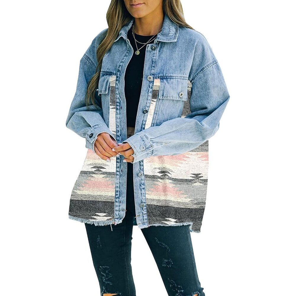 Women's Pink Denim Jacket Distressed Lapel Long Sleeve Vintage Button